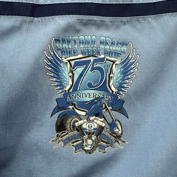 Black Bike Week Daytona Beach 75th Anni Warn A Brother Button-Up Shirt XL Blue - Picture 6 of 10